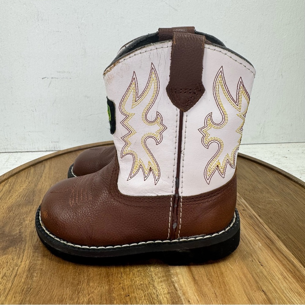 John Deere Dan Post Boots Baby Size 6M White Brown Leather Western Cowboy